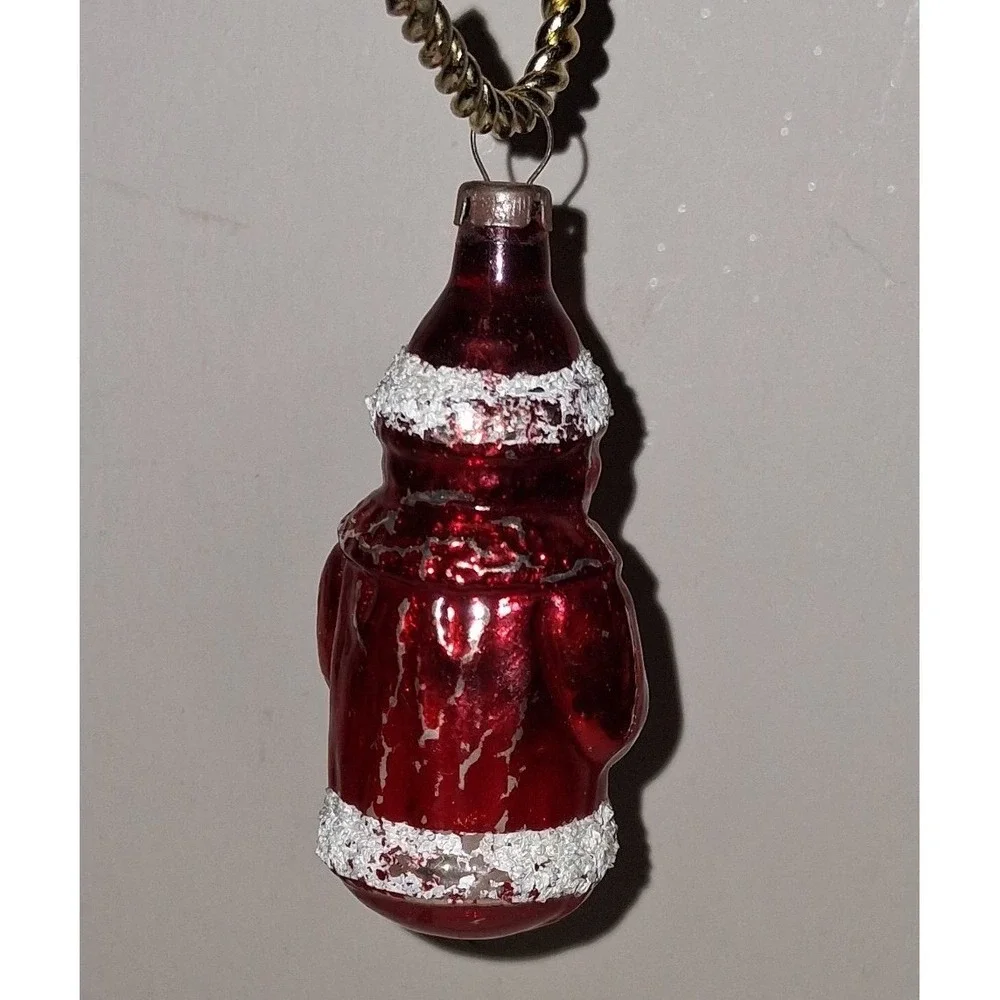 Vintage Red Glass Santa Claus Christmas Ornament Mercury Glass Snow Flocked 2.75